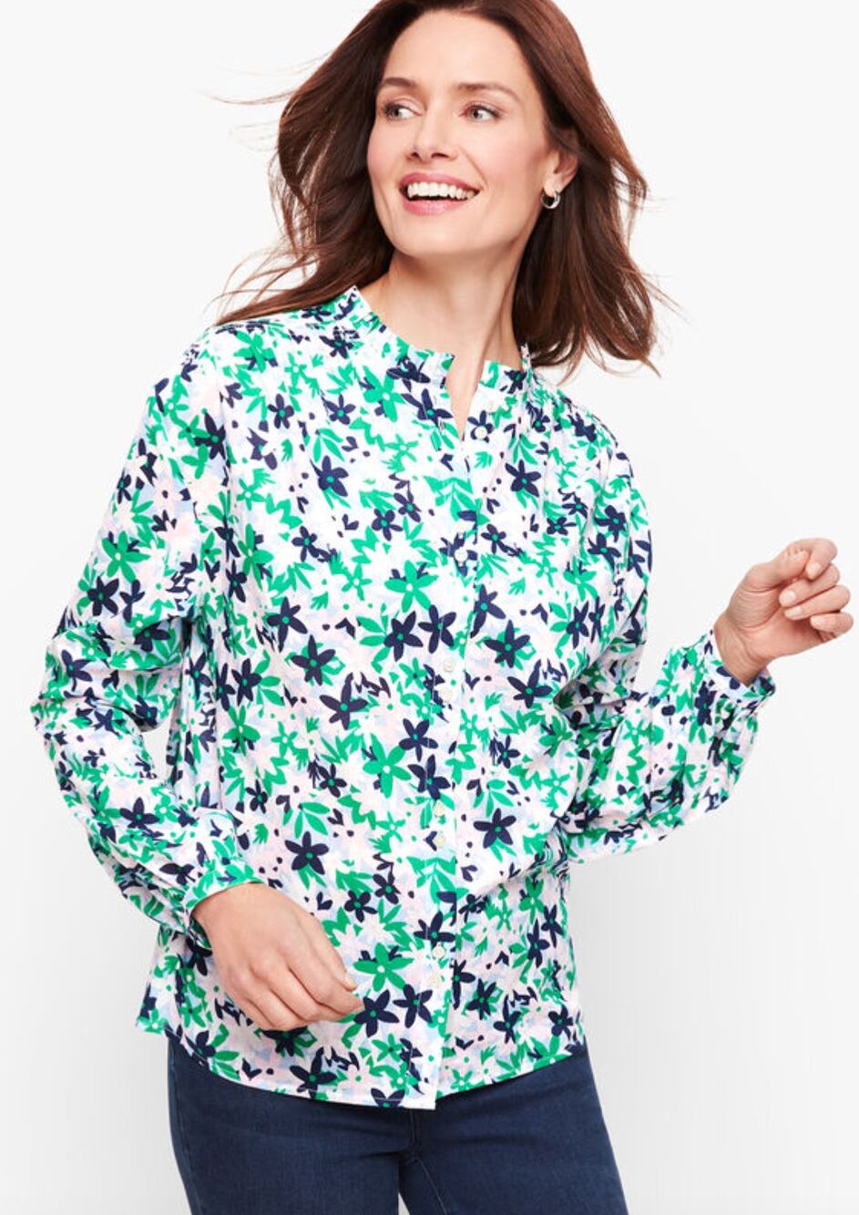 Talbots Womens M White Blue Floral Feminine Button Up Lightweight Cotton Shirt